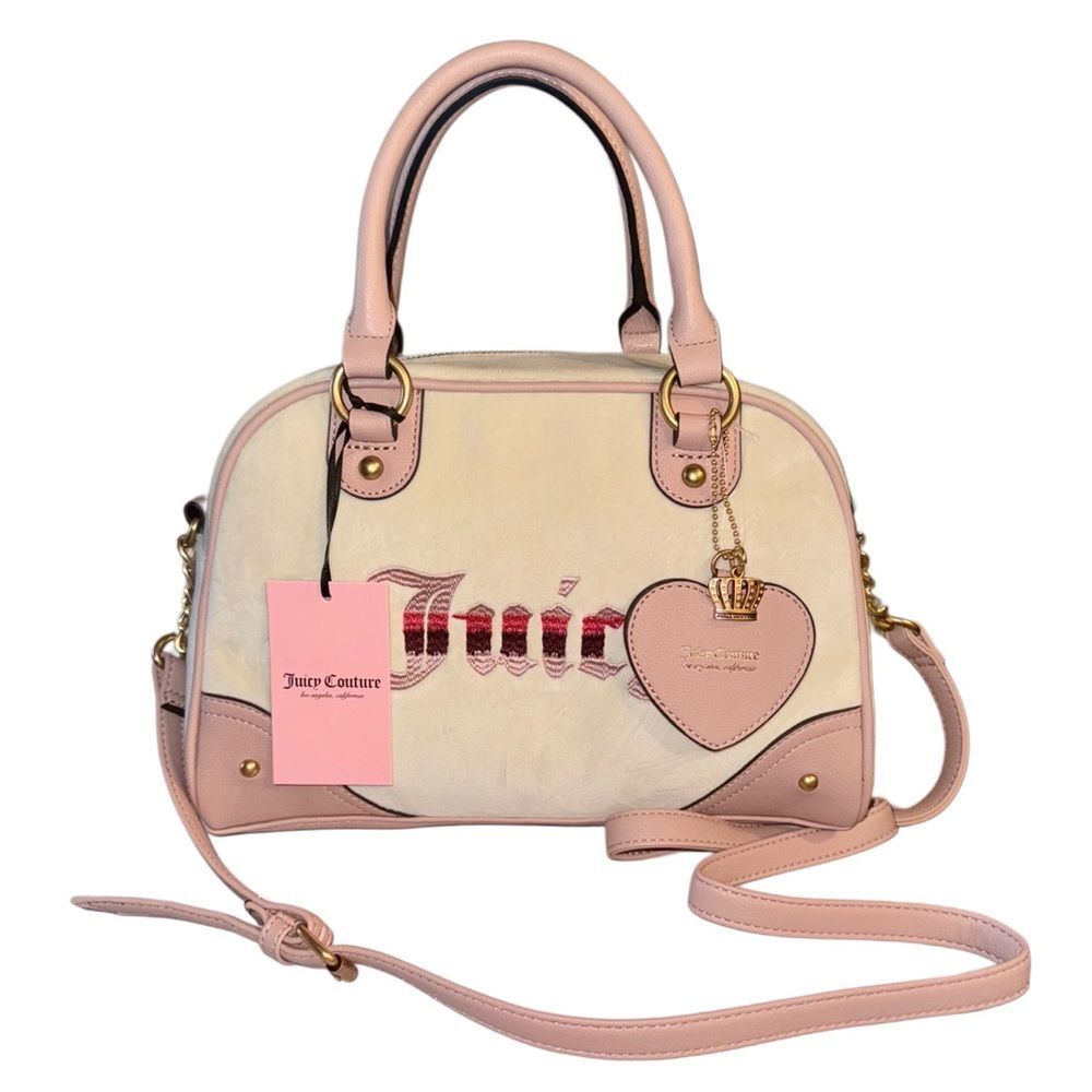 Juicy Couture Crystal Velour Pink Faux Leather Retro Vibe Satchel Crossbody Bag
